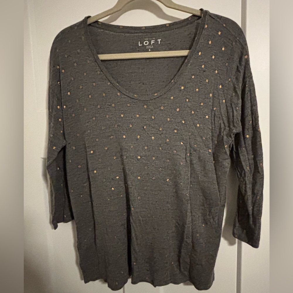 Three quarter dark grey shirt with gold polka dots. Loft size small.